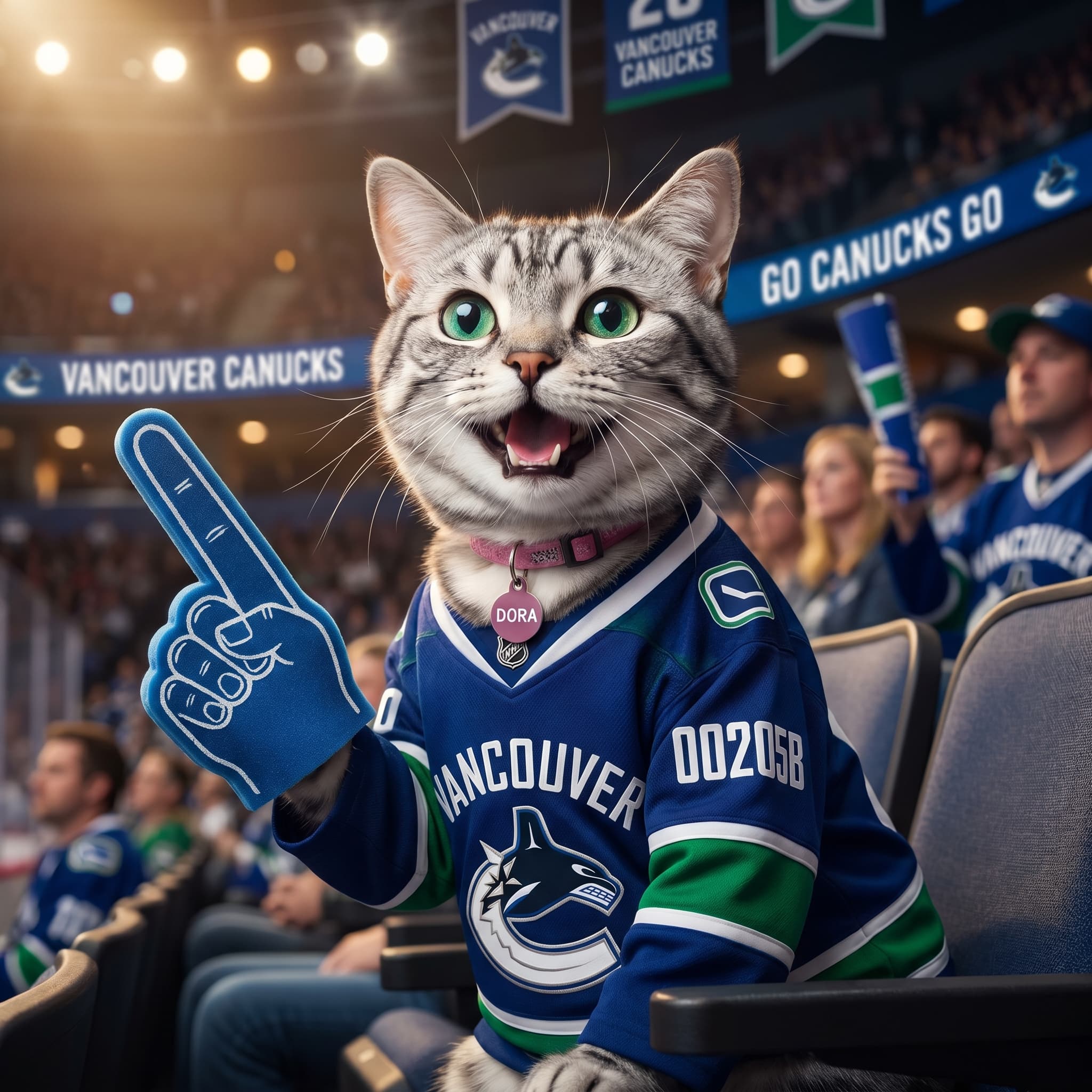 An AI render of Dora, a silver tabby cat, in a Vancouver Canucks jersey waving a foam finger at a hockey game.