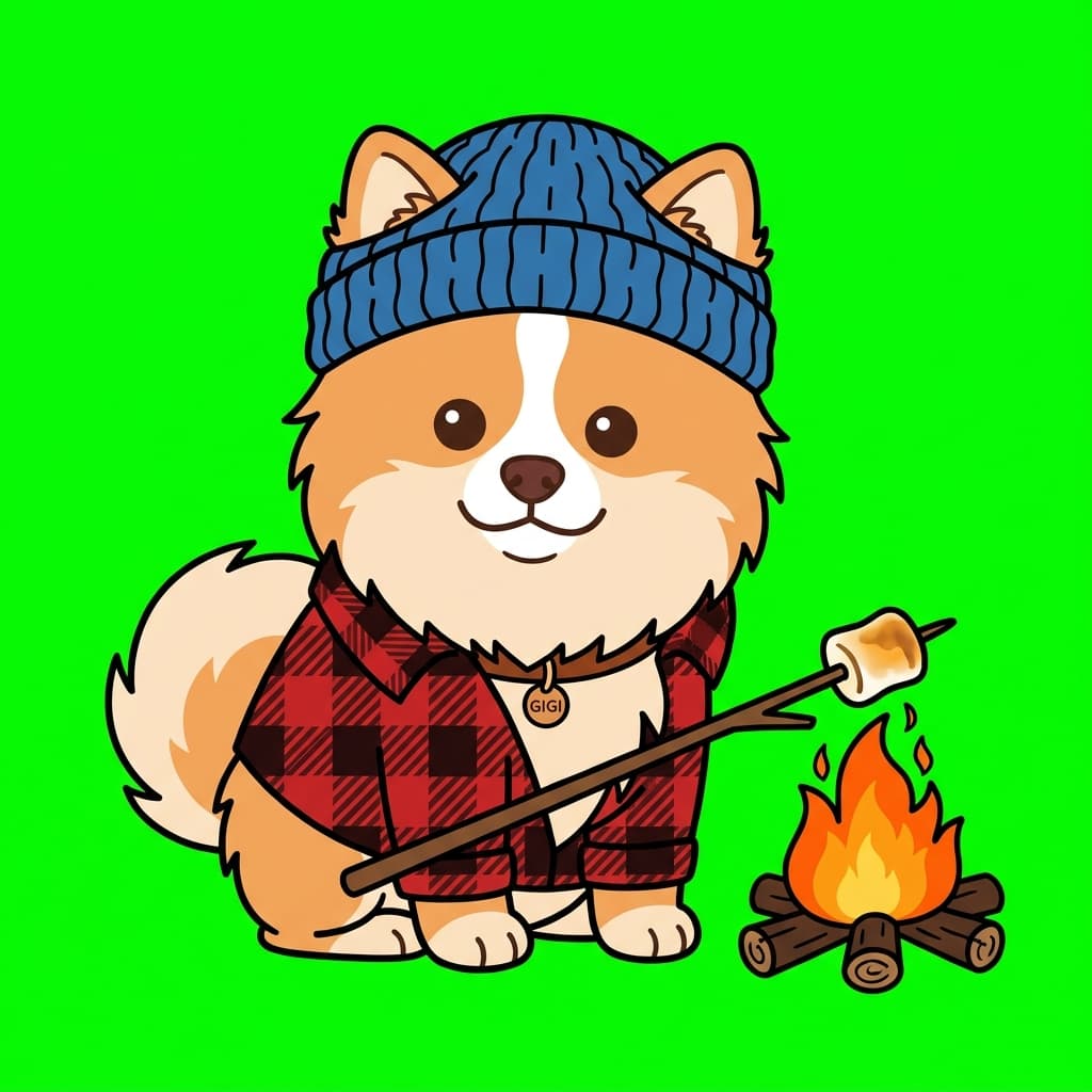 A rejected render of a Pomeranian roasting a marshmallow at a campfire.
